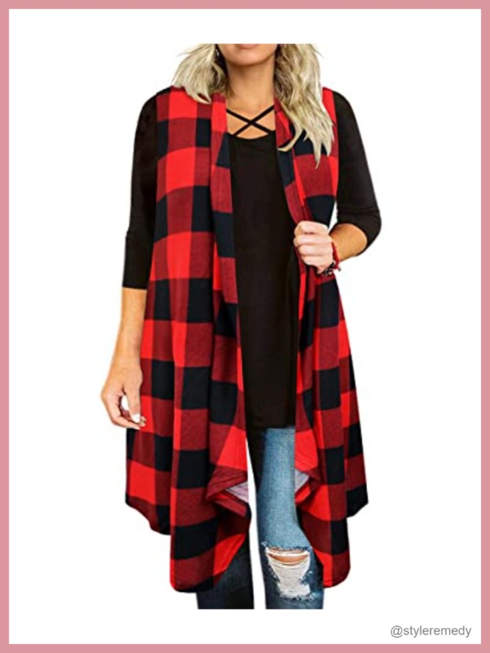 Plus Size Open Front Cardigan Lightweight Plaid Sleeveless Loose Fit Women